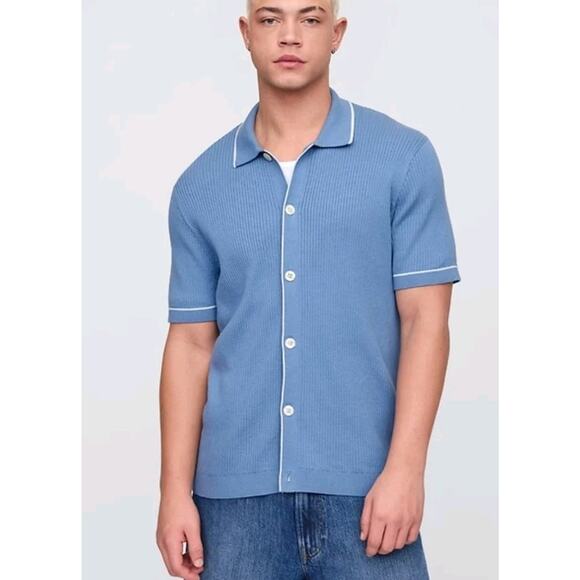 Gap Mens Medium RIBBED BUTTON FRONT POLO SHIRT Blue Knit Cotton - Picture 1 of 12